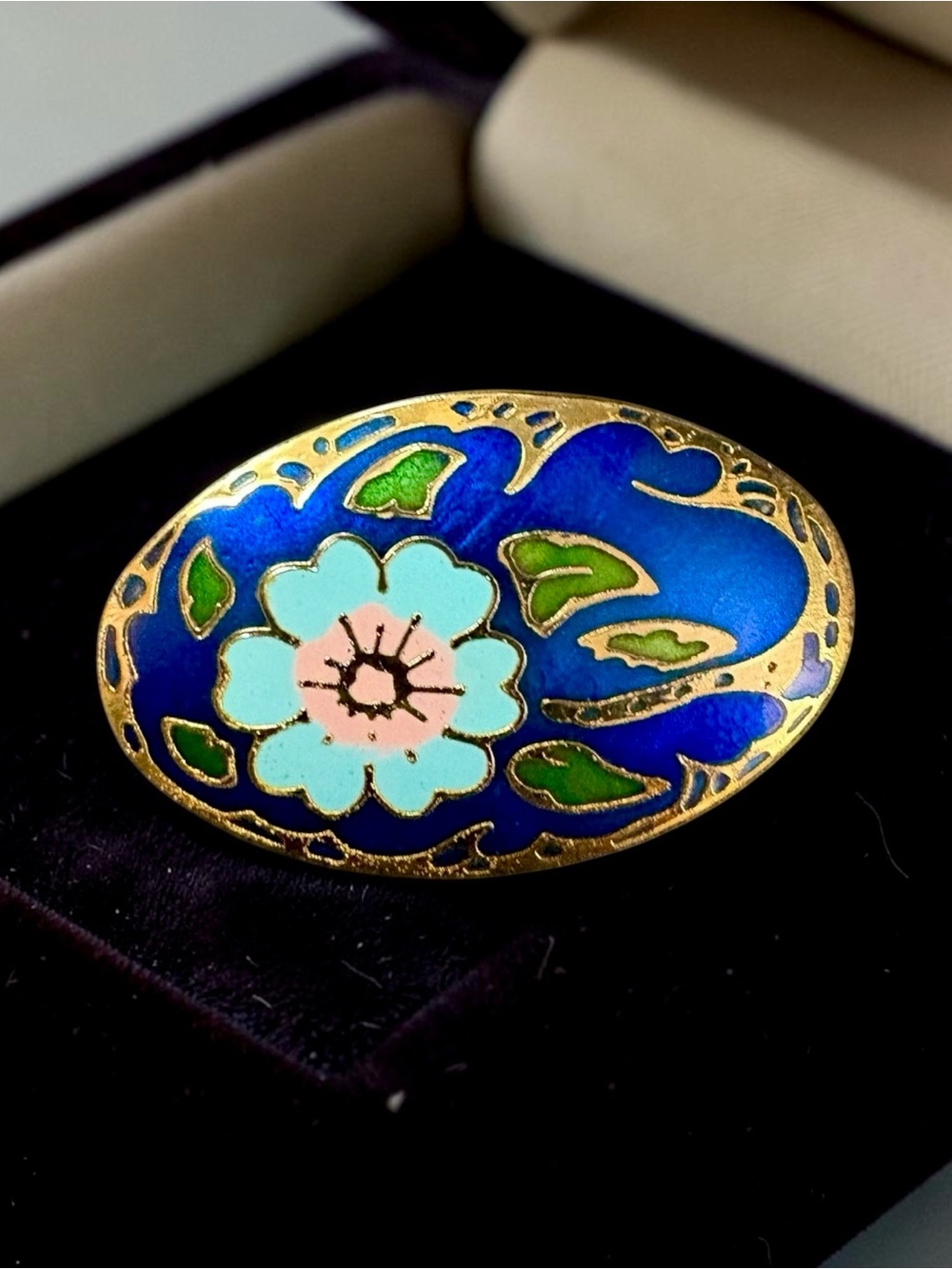 Vintage Cloisonné Floral Blue and Turquoise Oval Brooch